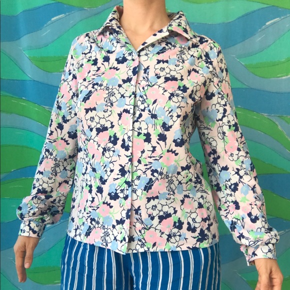 VINTAGE 70s pastel floral button front blouse - Picture 2 of 4